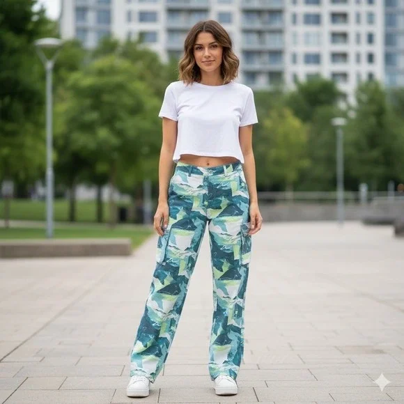 Forever 21 Womens Size Small Cargo Pants Teal Green Abstract Wide Leg Y2K - Picture 1 of 16